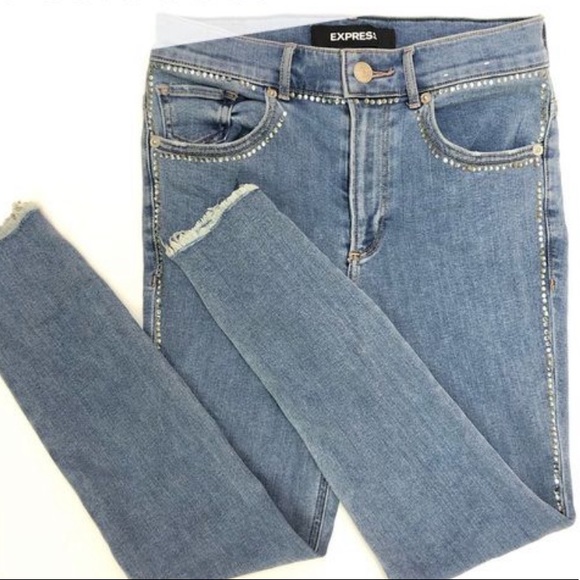 Express Denim - Express Rhinestone High Rise Ankle Legging Raw Hem Jeans NWOT